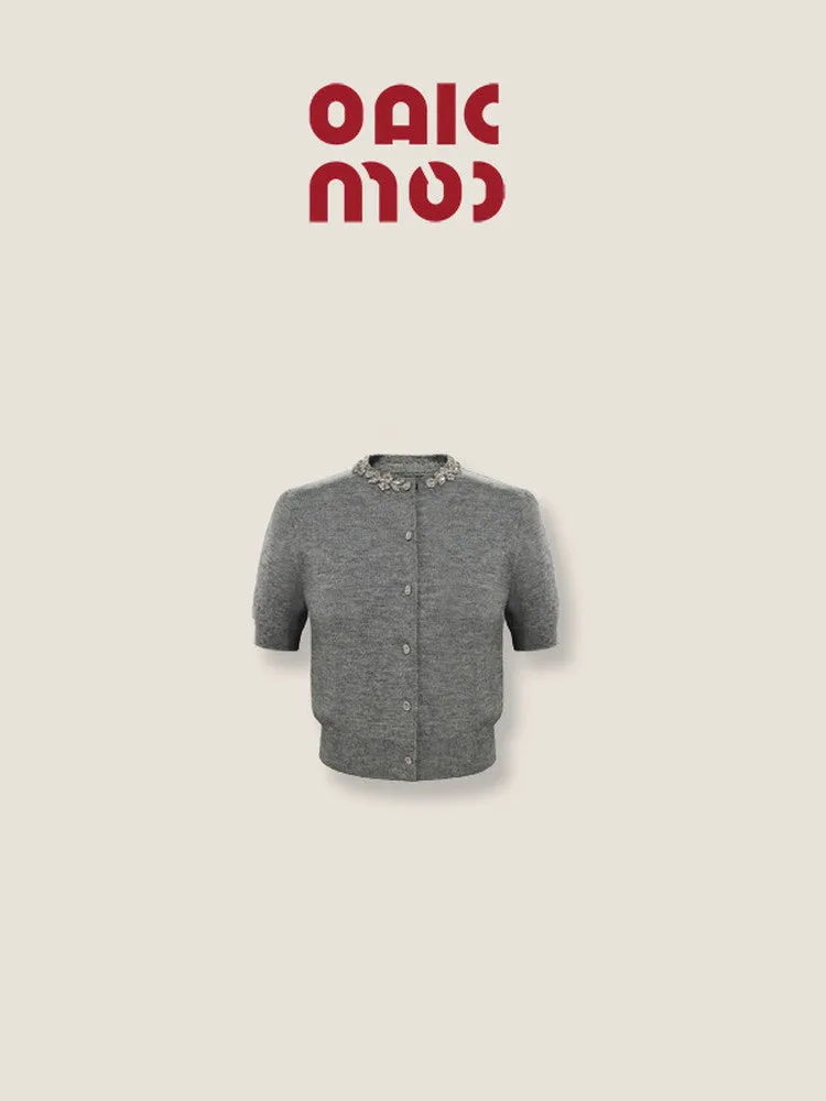 Bijou Crew-Neck Simple Half-Sleeve Knit Cardigan